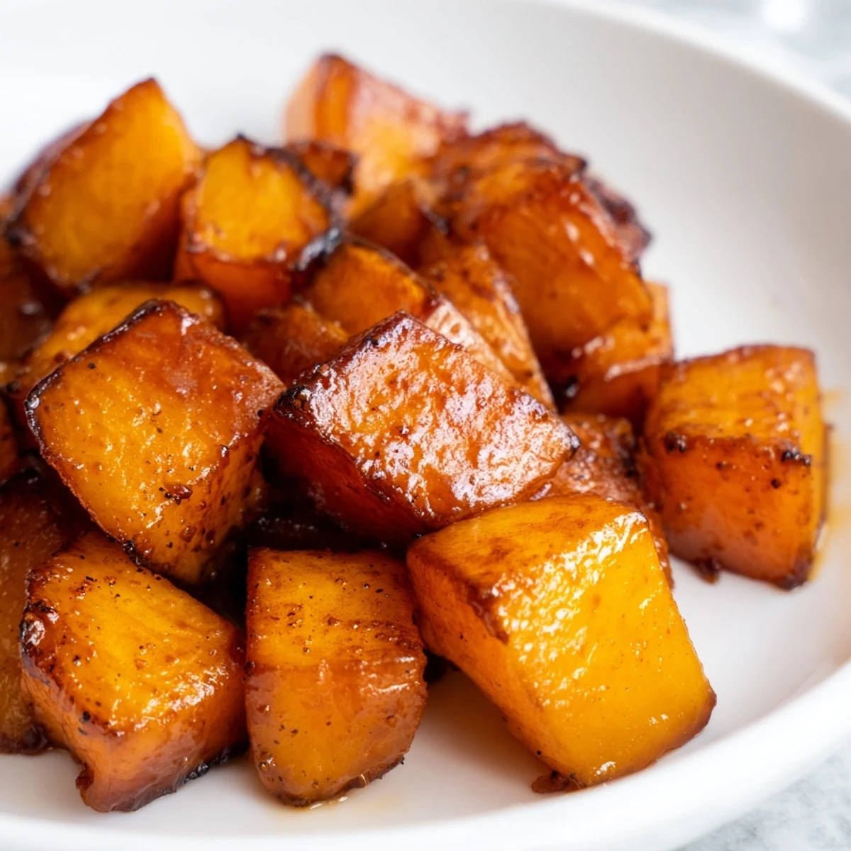 Golden brown cubes of Roasted Squash with Brown Sugar are glistening on a white plate, garnished with fresh herbs.