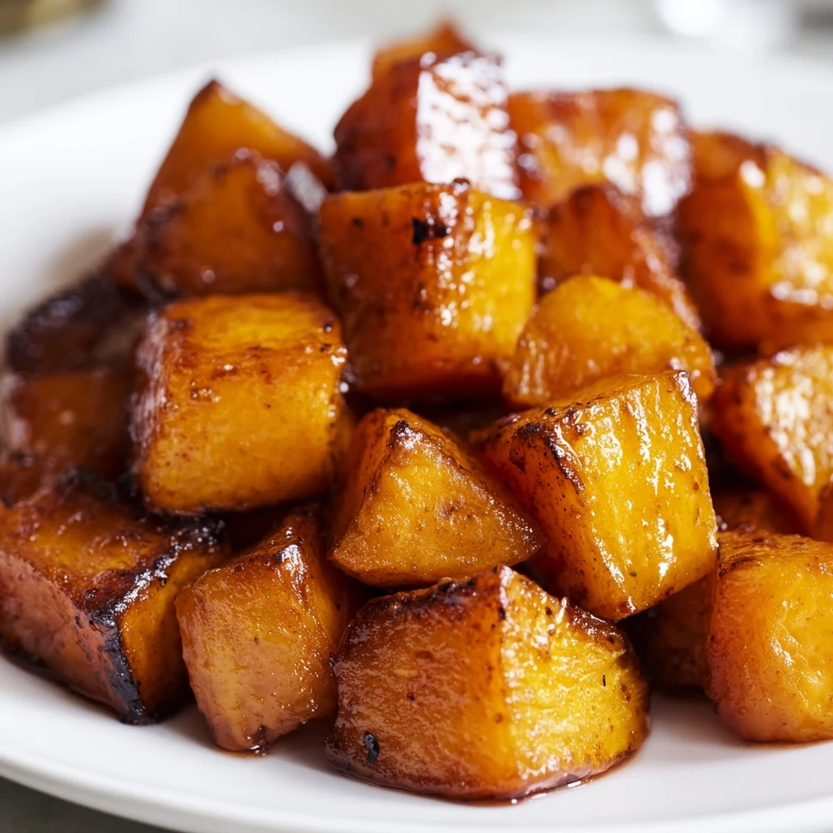 A rustic wooden serving platter holds Roasted Squash with Brown Sugar, ready to be enjoyed with roasted chicken.
