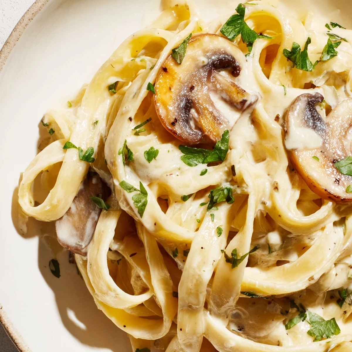 Golden creamy fettuccine alfredo with mushrooms is twirled on a fork beside a rustic bowl and glass of white wine.