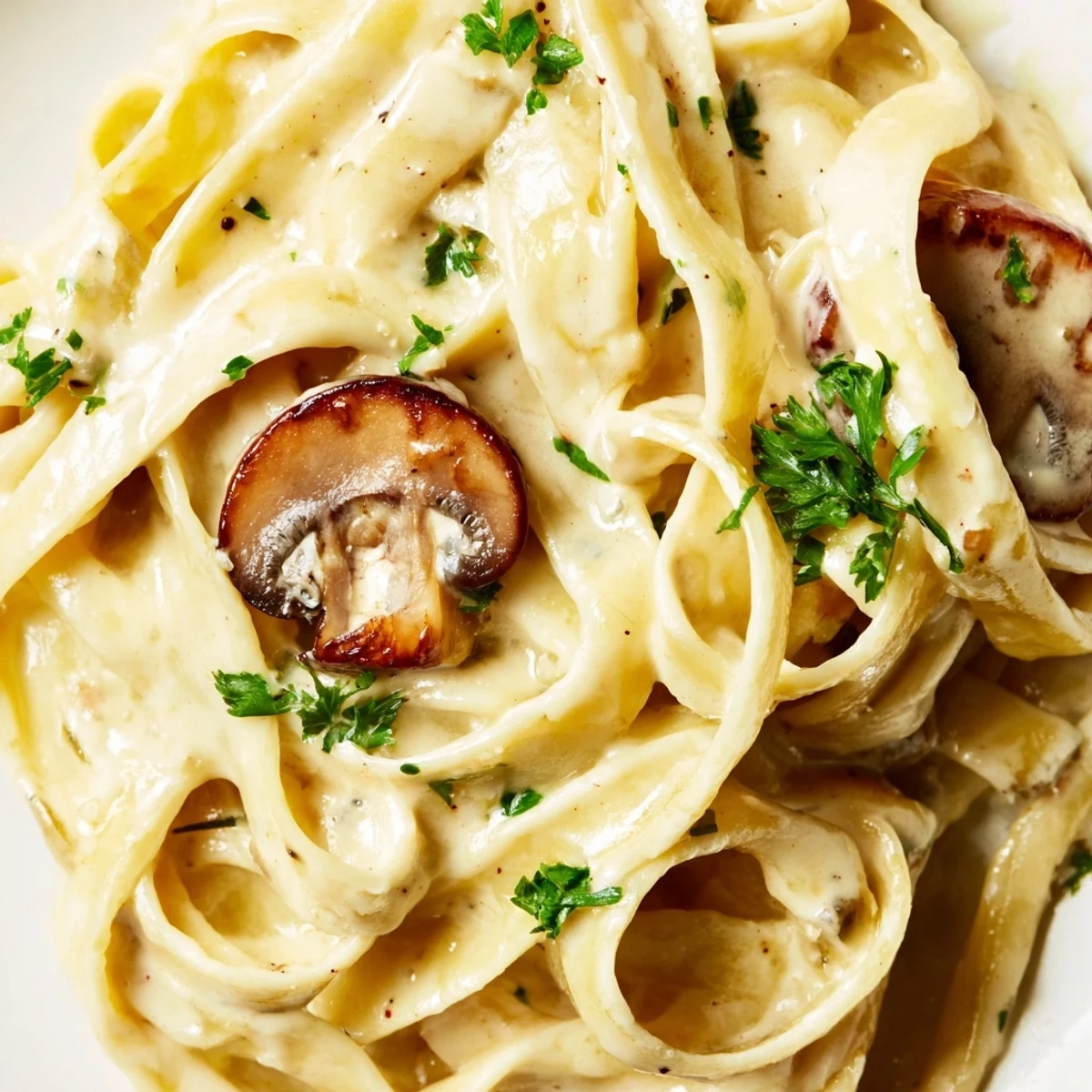 Steaming skillet of creamy fettuccine alfredo with mushrooms and garlic, topped with fresh parsley and grated Parmesan cheese.