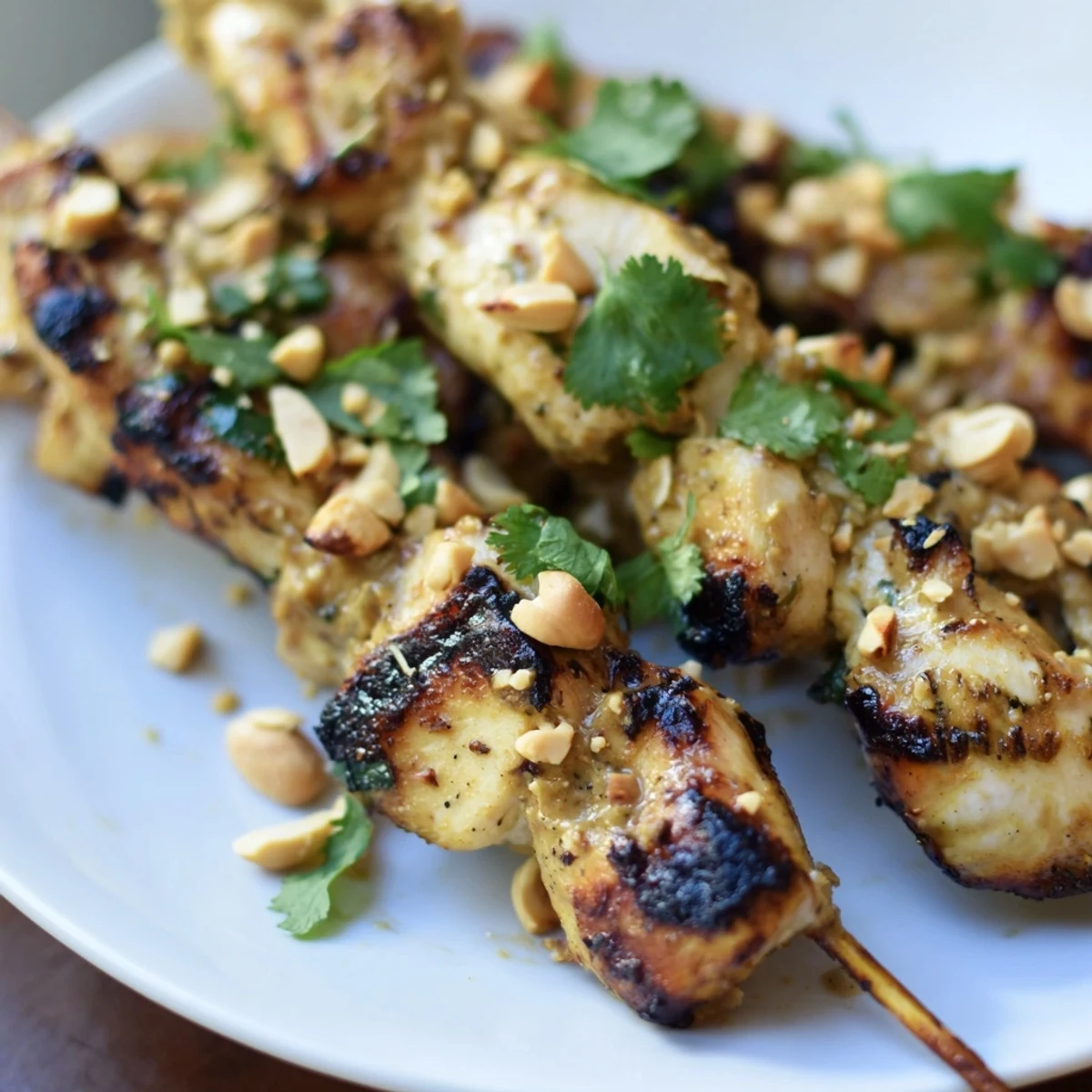 Juicy Grilled Chicken Skewers with Satay Sauce are charred on the grill, presented on a wooden platter with fresh lime wedges.