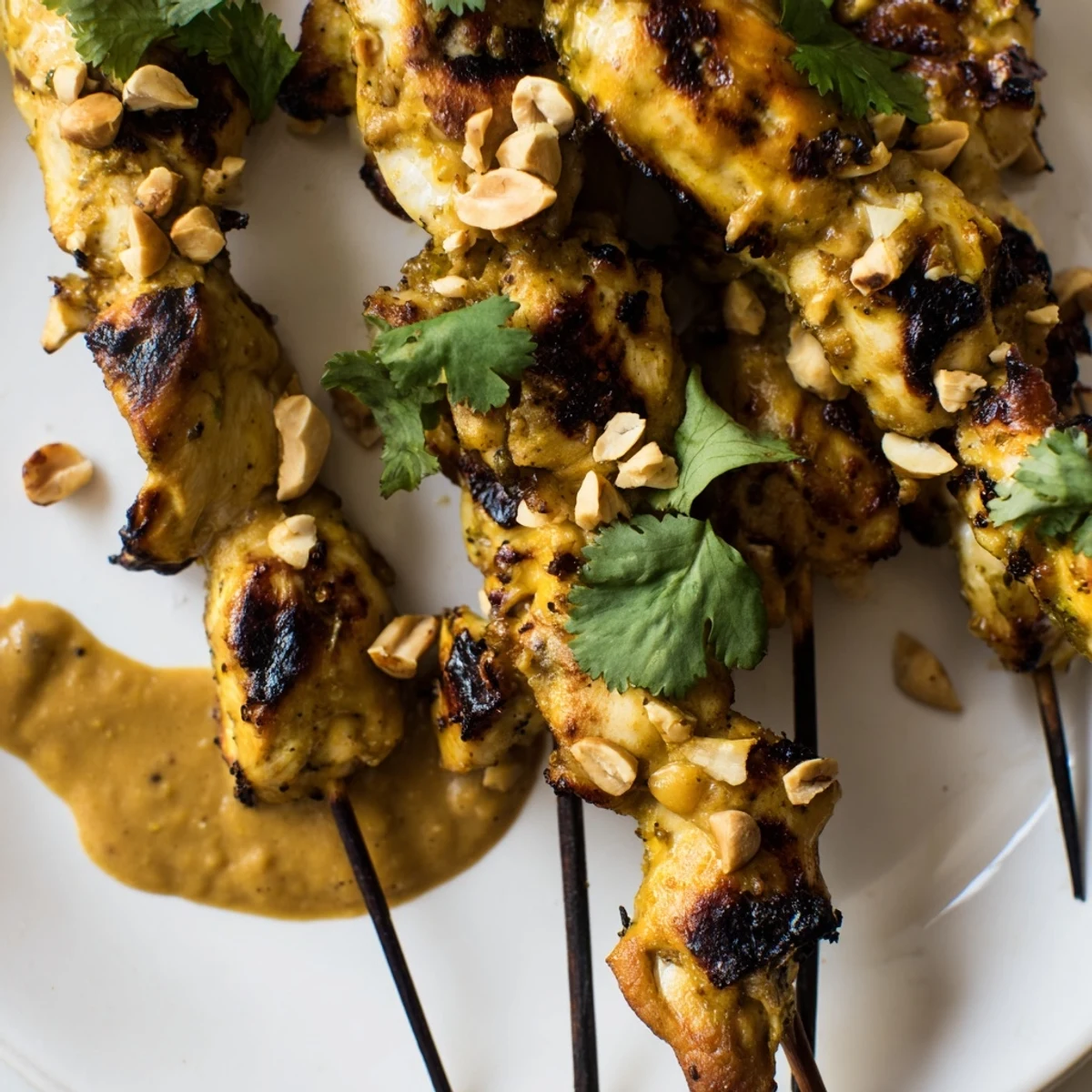 Golden-brown Grilled Chicken Skewers with Satay Sauce are served hot, drizzled with creamy peanut sauce over fluffy jasmine rice.