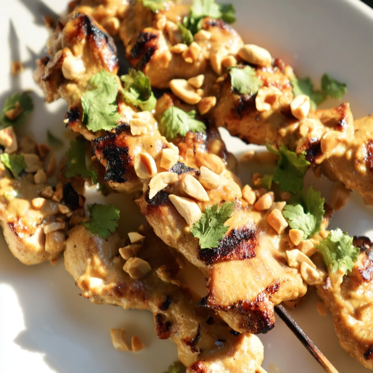 Tender Grilled Chicken Skewers with Satay Sauce are stacked high, with a bowl of rich peanut dipping sauce and cilantro garnish.