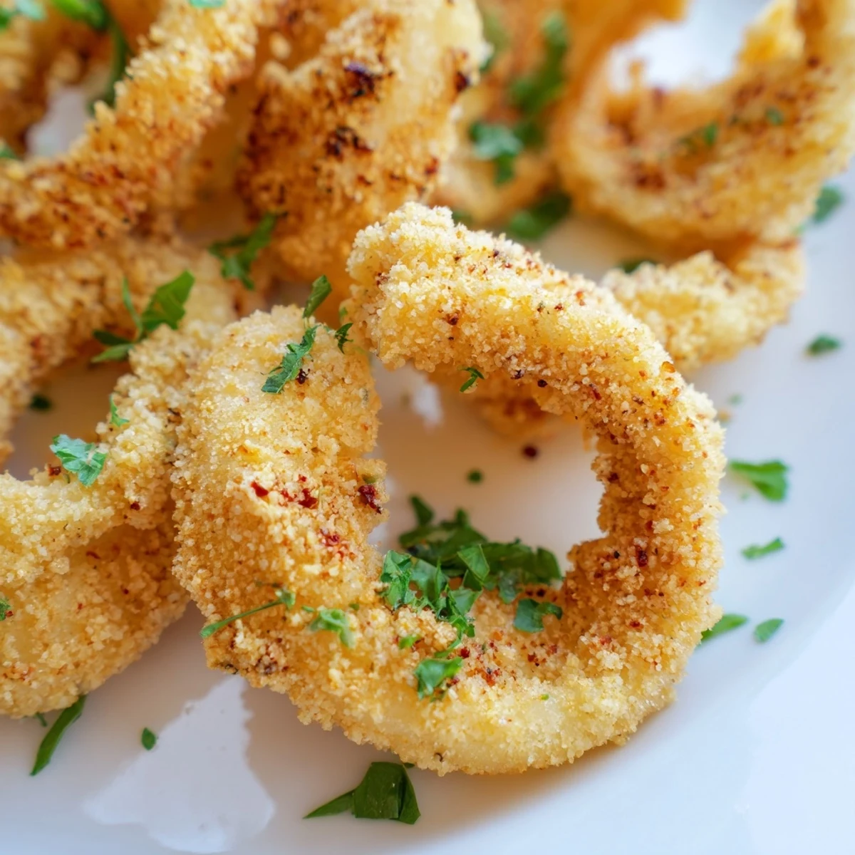 Crispy Calamari Rings with Lemon Wedge on a plate, golden-fried and steaming hot with parsley garnish.