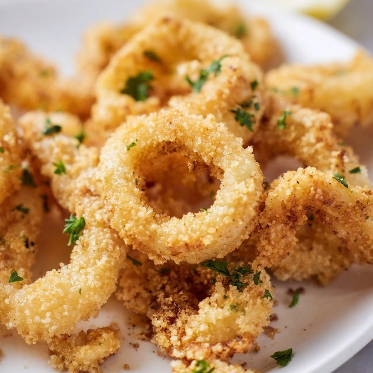 Plate of Crispy Calamari Rings with Lemon Wedge, crunchy coating and tender squid with dipping sauce.