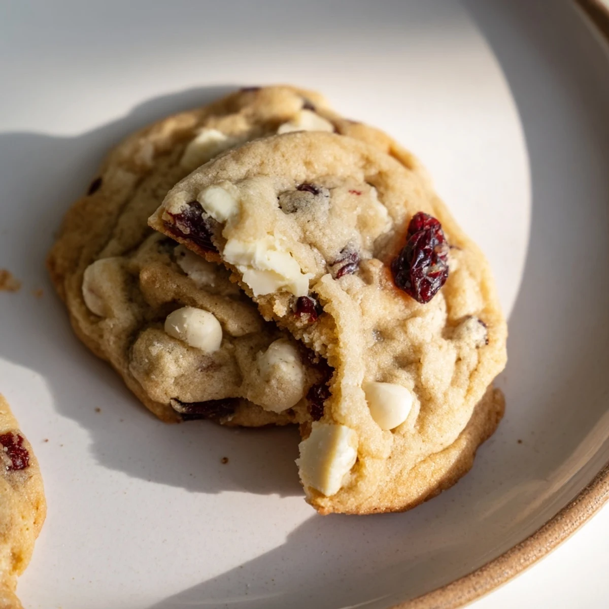 Soft-baked White Chocolate and Cranberry Cookies with buttery edges and bright dried cranberries, arranged on a rustic wooden board.