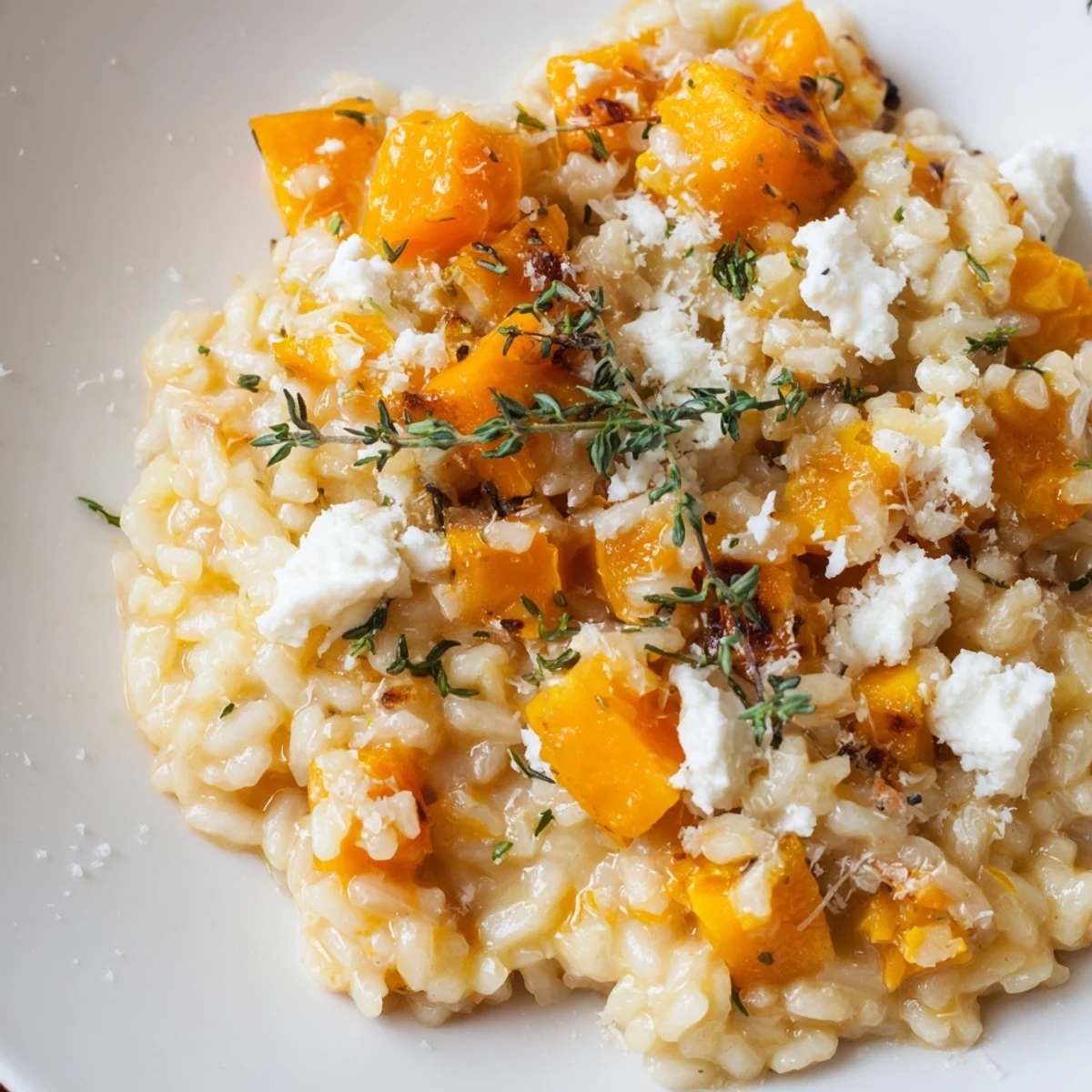 A close-up of golden, tender cubes of butternut squash blended into rich, cheesy risotto in a white bowl.