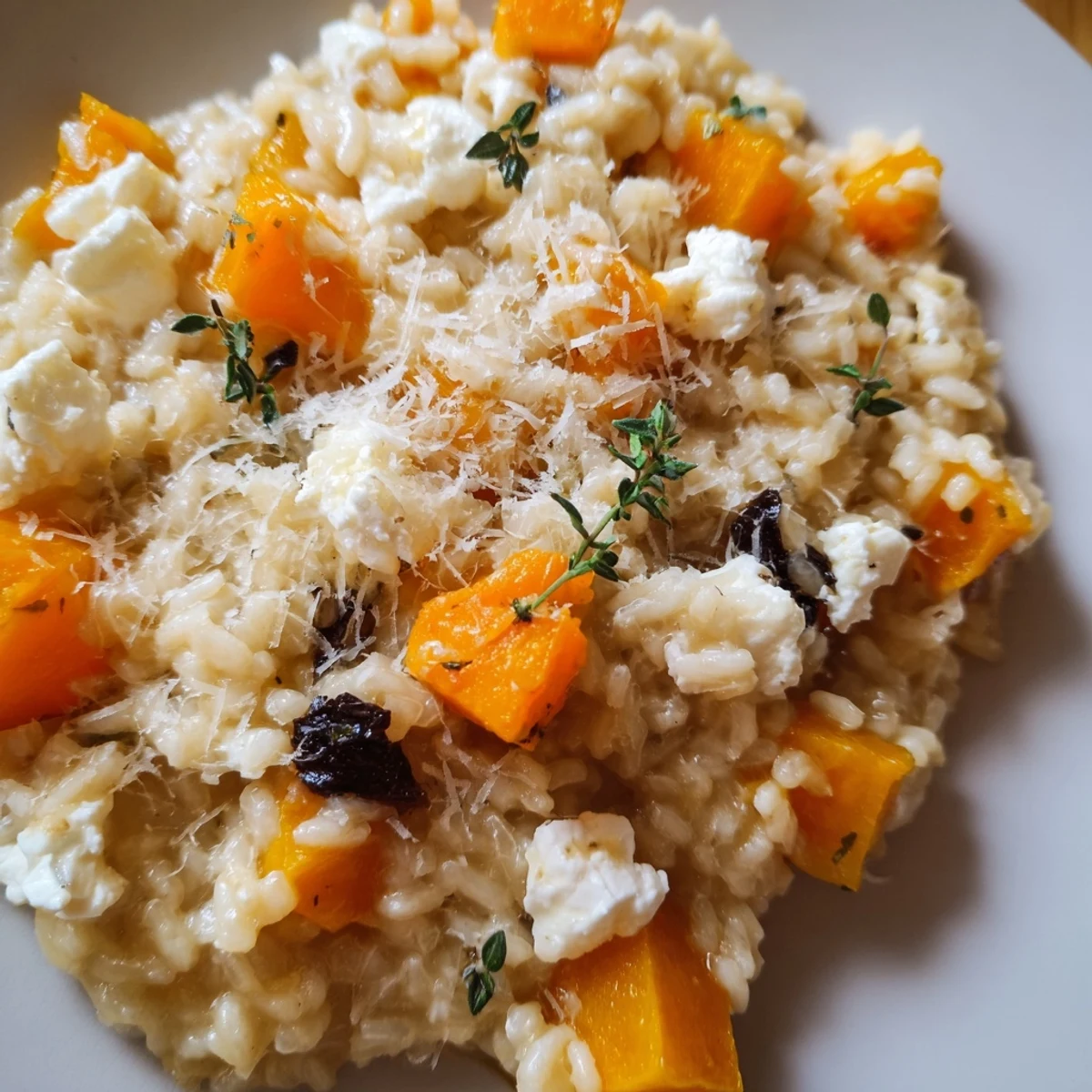 Creamy butternut squash and goat cheese risotto served warm with fresh thyme and a glass of white wine.