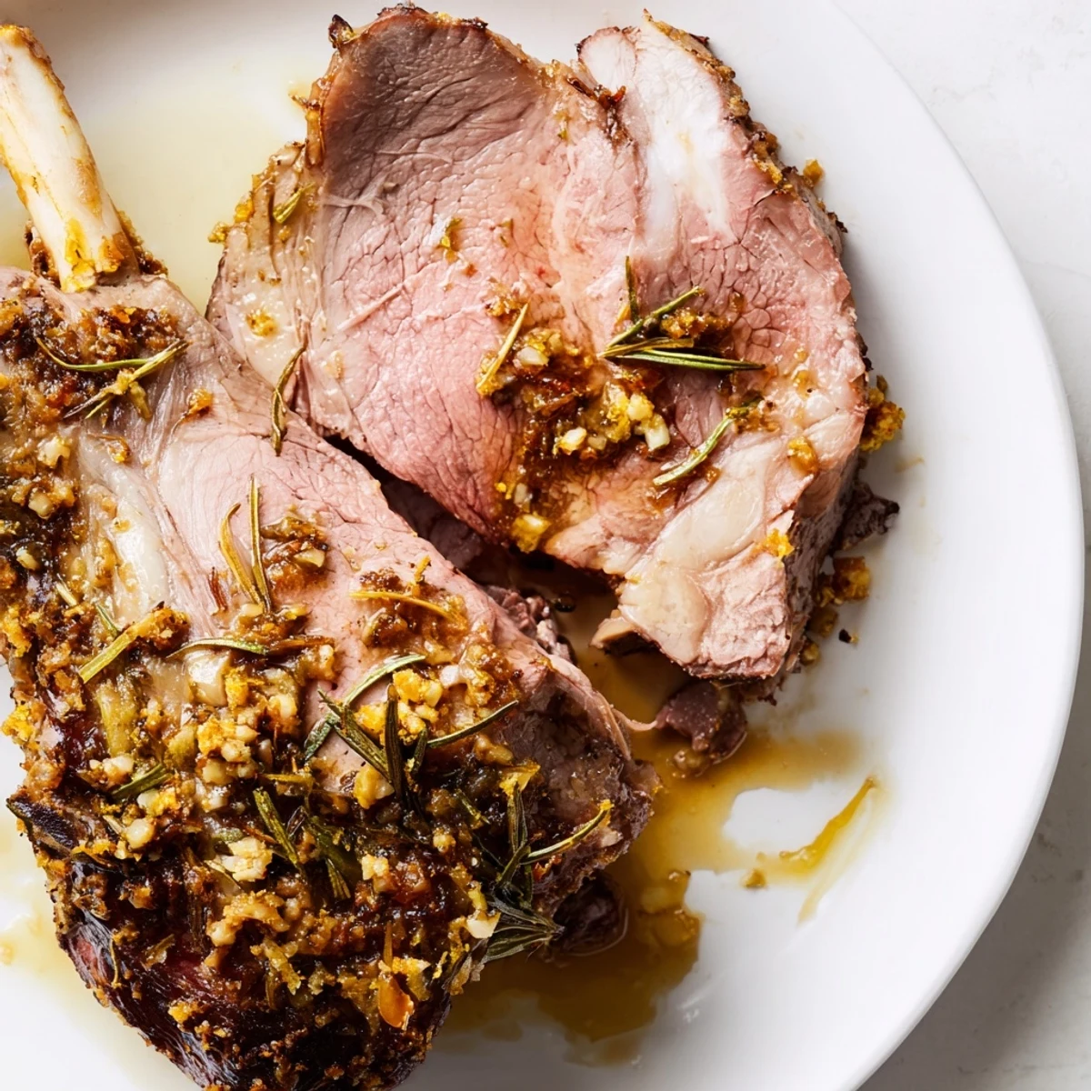 Whole roasted leg of lamb with golden crust, fragrant rosemary, and anchovy rub, served on a rustic cutting board.