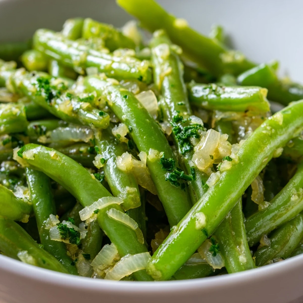Tender crisp green beans tossed in rich garlic butter and sweet shallots, ready to serve warm.