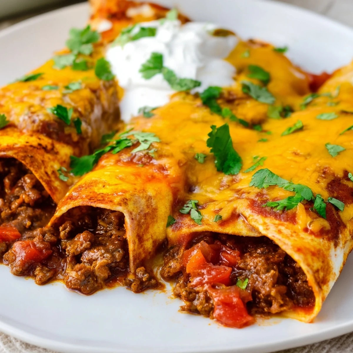 Golden-brown Beef Enchiladas with Homemade Sauce are bubbling with melted cheddar cheese in a 9x13-inch baking dish.