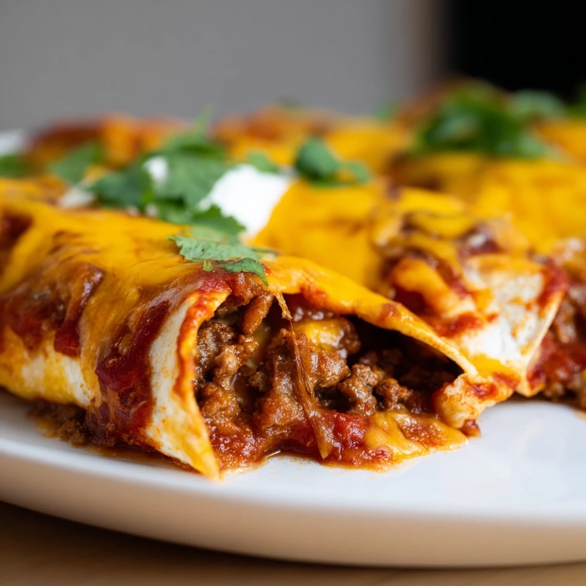 Two cheesy Beef Enchiladas with Homemade Sauce are plated with a fork, showcasing the rich red sauce and savory ground beef filling.