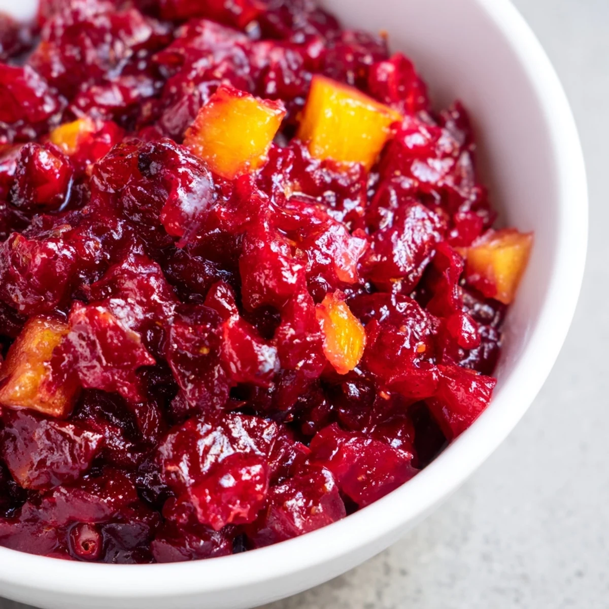 Freshly pulsed cranberry and orange relish in a white bowl, garnished with a slice of orange.