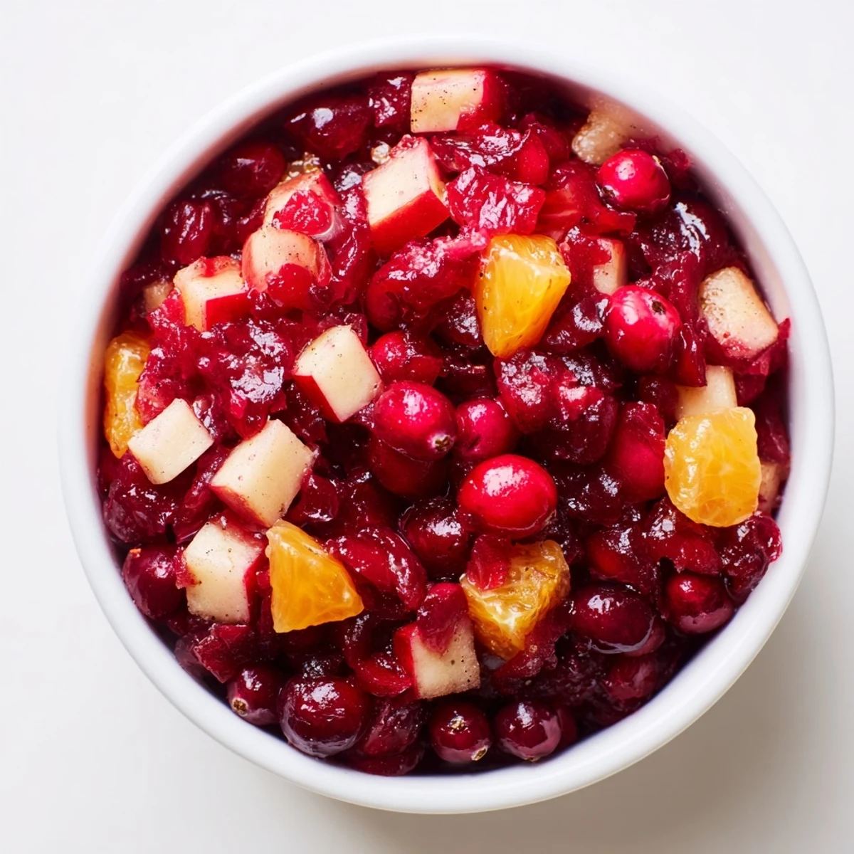 A vibrant bowl of homemade cranberry relish with orange, a tangy and sweet accompaniment for holiday meals.