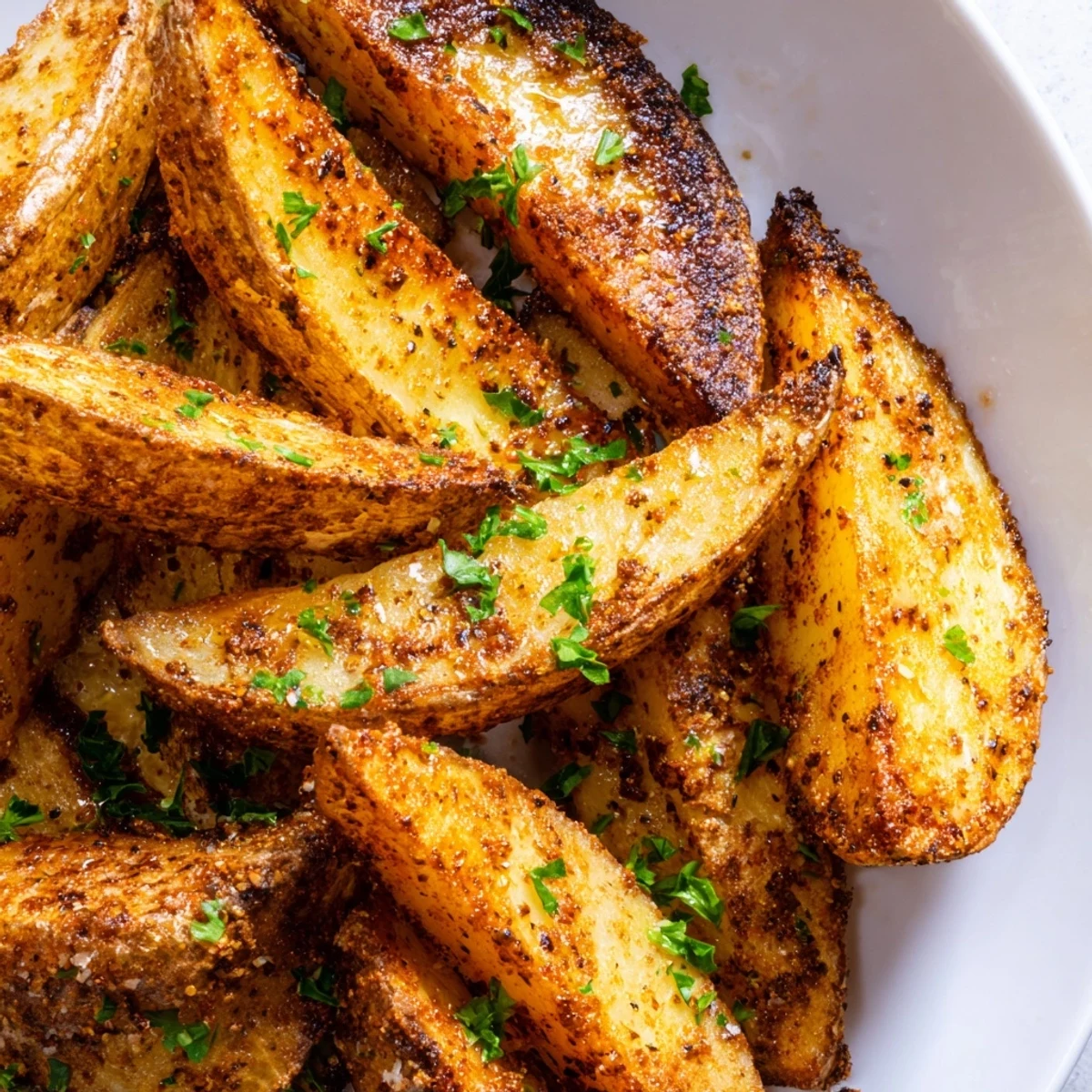 Golden-brown Baked Potato Wedges with Spice piled high, seasoned with smoked paprika and served with dipping sauce.