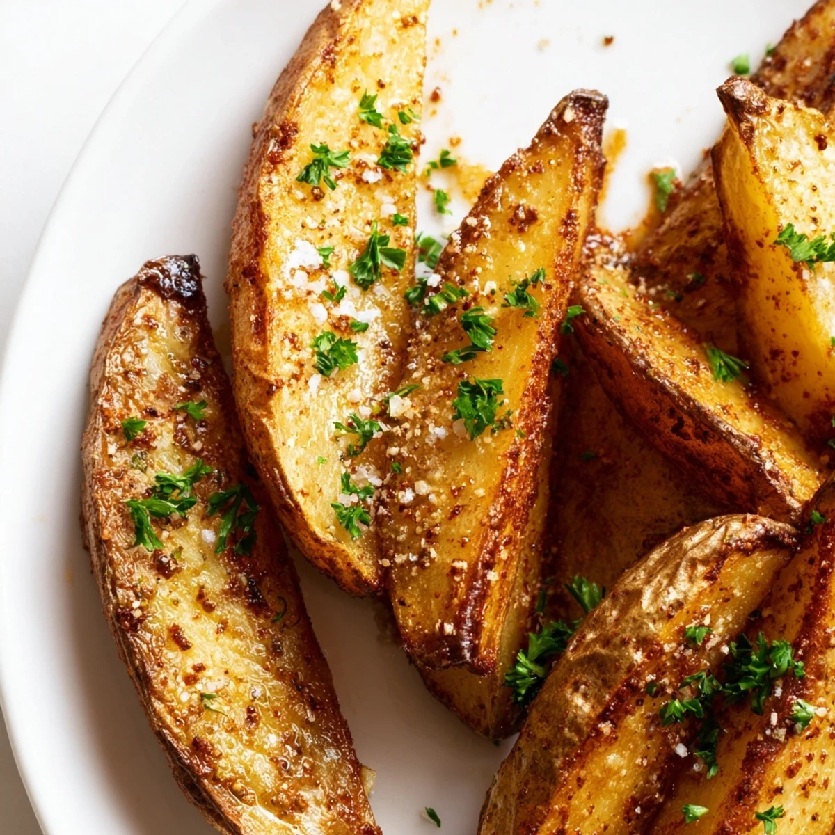 Seasoned Baked Potato Wedges with Spice on a plate with fresh parsley, crispy edges glistening in the light.