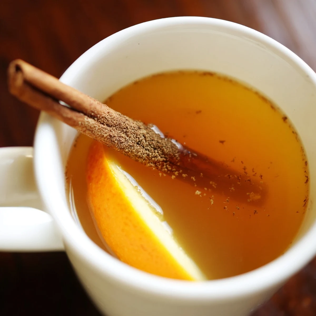 Steaming mugs of Spiced Cider with Cinnamon Stick garnished with fresh orange slices and a cinnamon stick.