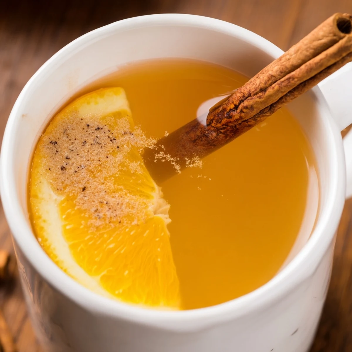 Rich Spiced Cider with Cinnamon Stick simmering in a pot with orange slices for a festive drink.