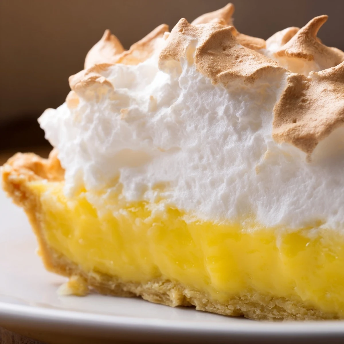 Freshly baked Lemon Meringue Pie with a golden toasted meringue and bright yellow citrus filling sits on a rustic table. 