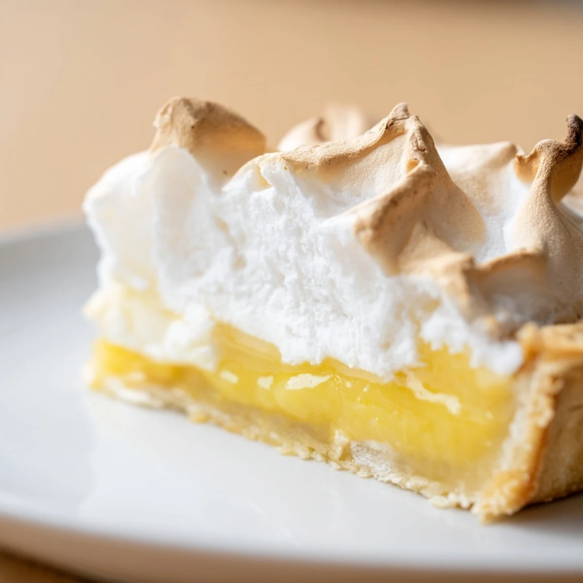 Homemade Lemon Meringue Pie with tangy lemon curd filling and crisp pastry crust, ready to be served.