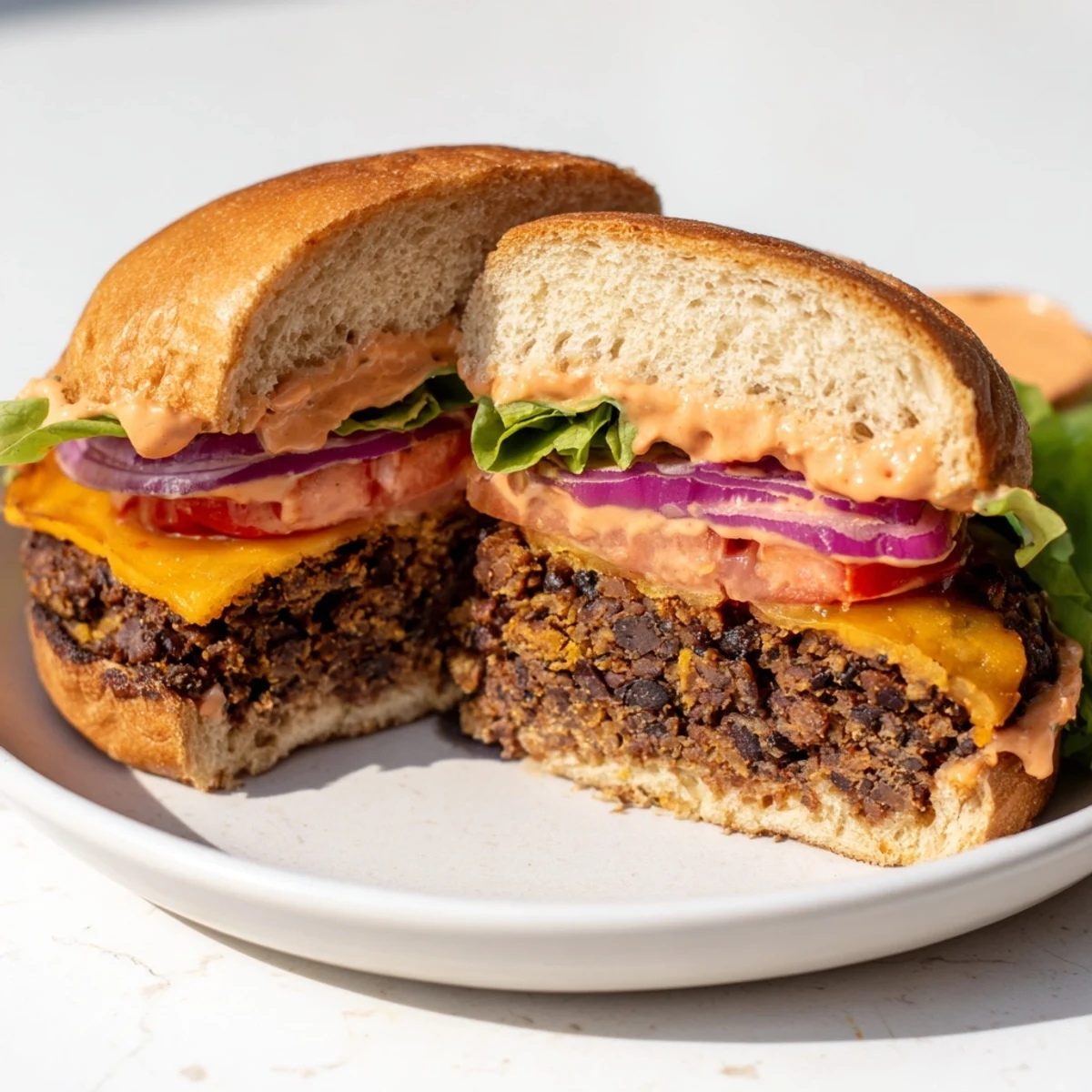 Golden-brown Vegan Black Bean Burger patties sizzling in a skillet with spices.