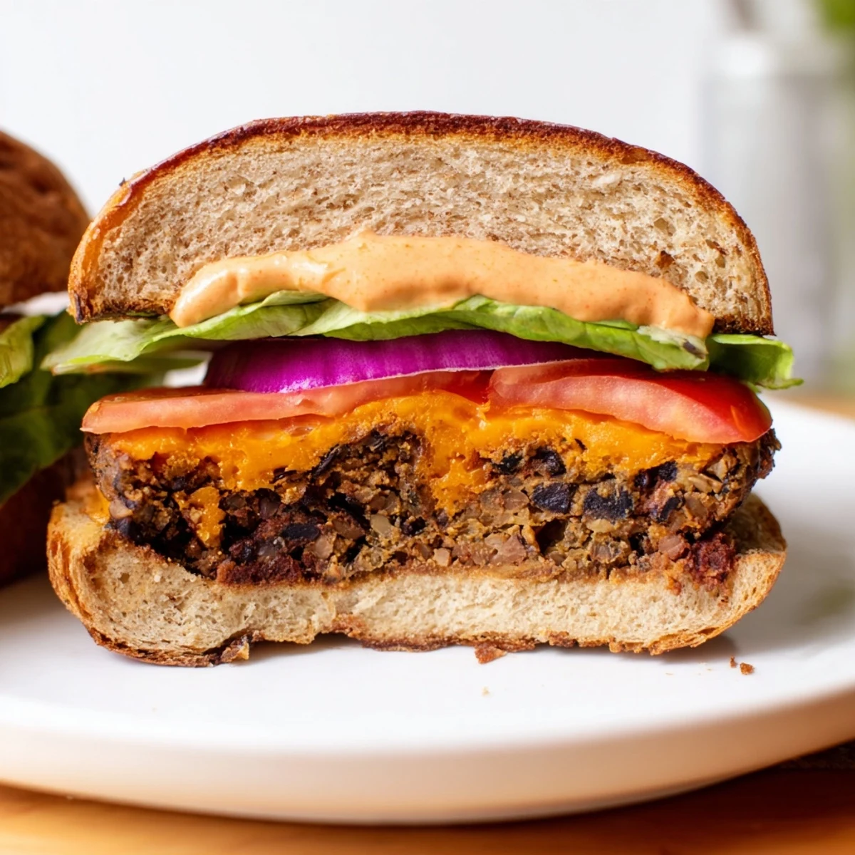 Freshly assembled Vegan Black Bean Burger with chipotle mayo and crisp lettuce.