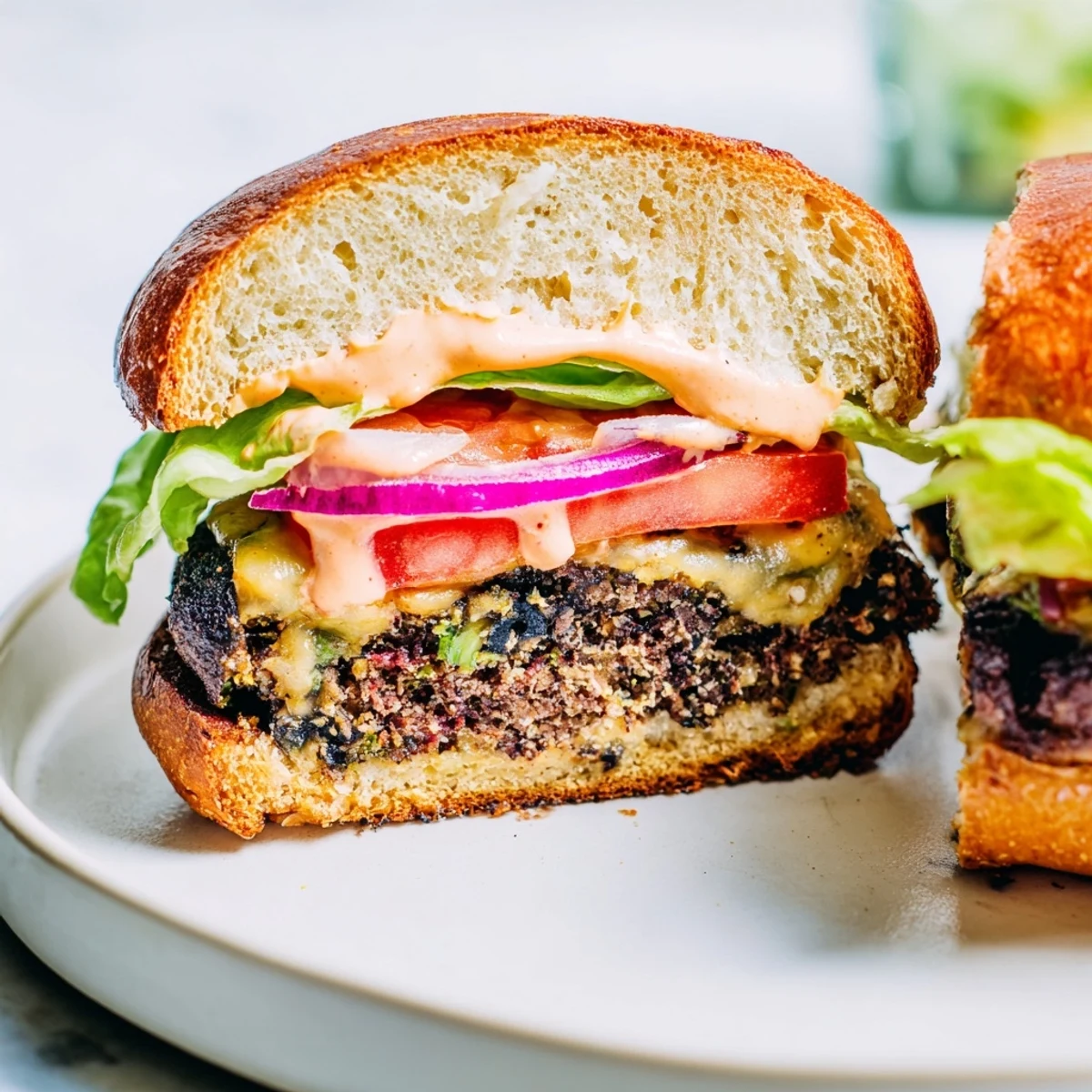 Close-up of a juicy Vegan Black Bean Burger with melted vegan cheese slice.