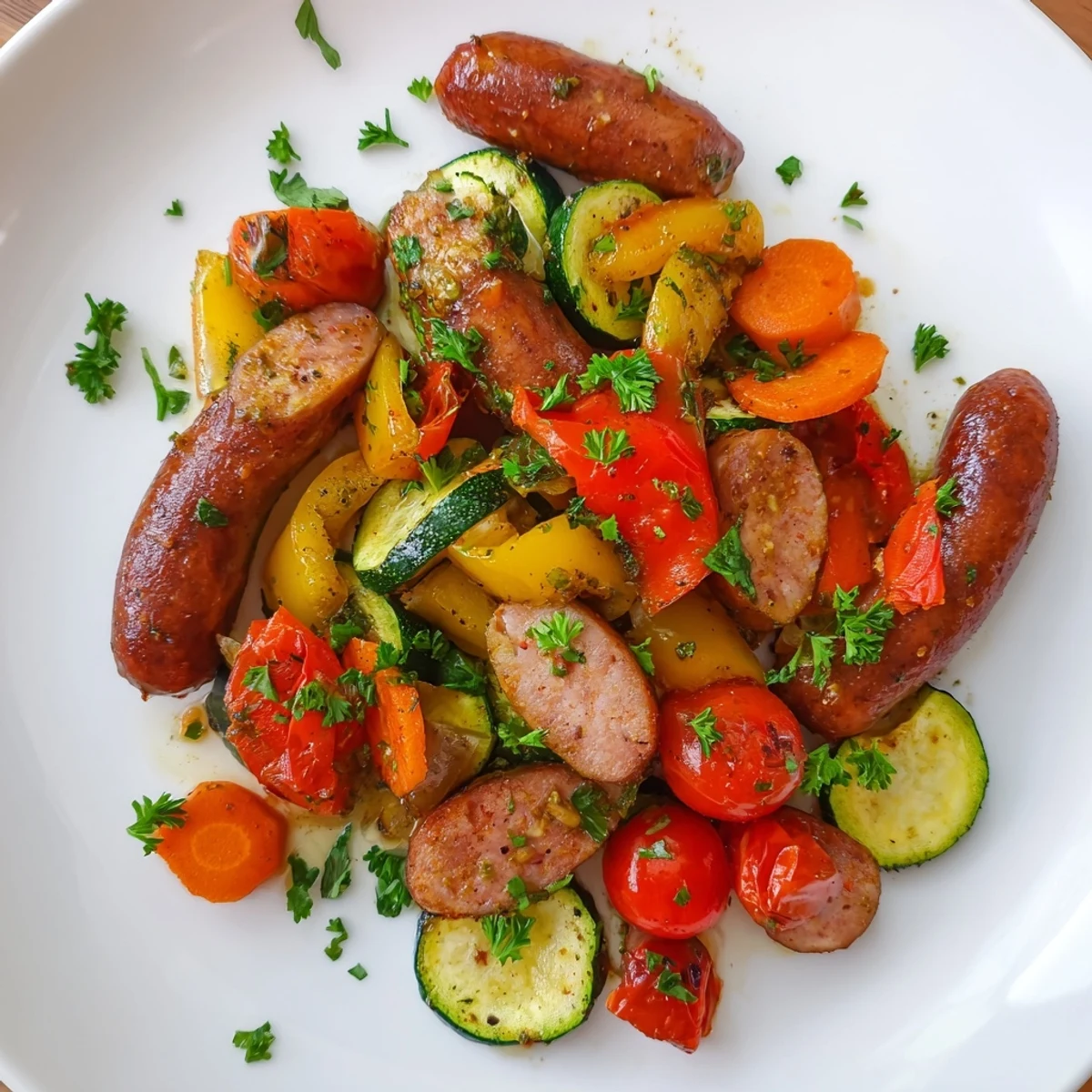 Golden brown halal sausage pieces and colorful roasted vegetables on a sheet pan, garnished with fresh parsley for the Sheet Pan Halal Sausage and Veggies.