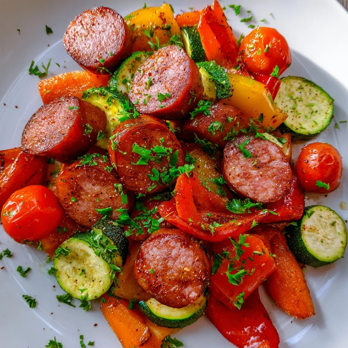 Plated Sheet Pan Halal Sausage and Veggies served over fluffy quinoa with a sprinkle of parsley, ready for a healthy weeknight meal.