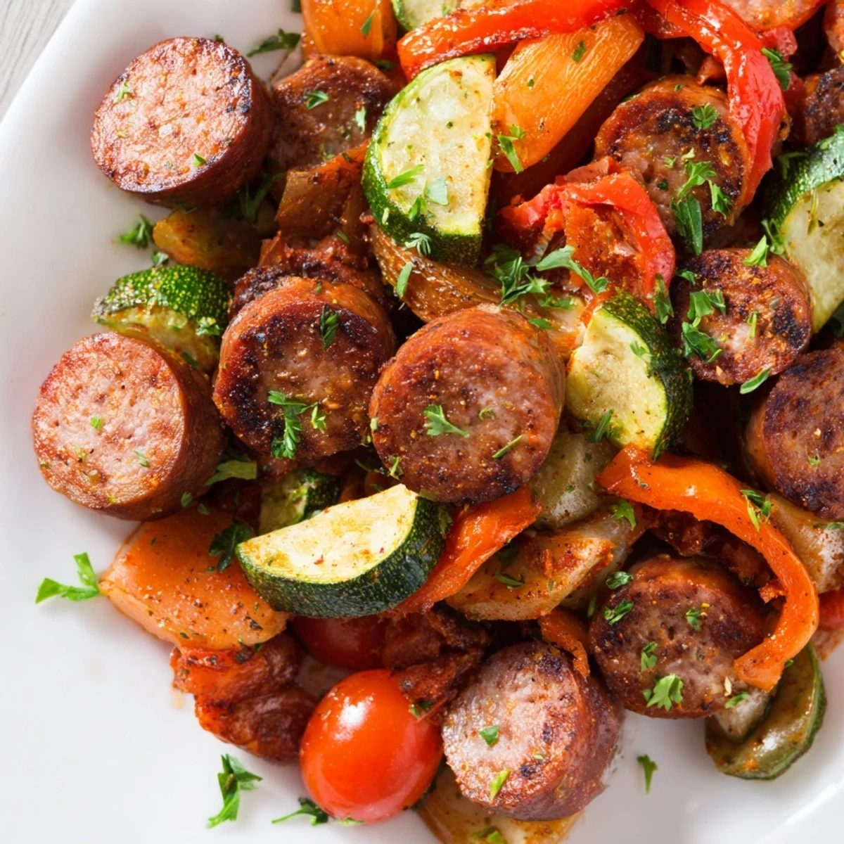 Roasted red peppers, onions, and zucchini mingle with savory halal sausage in this bubbling Sheet Pan Halal Sausage and Veggies dinner.