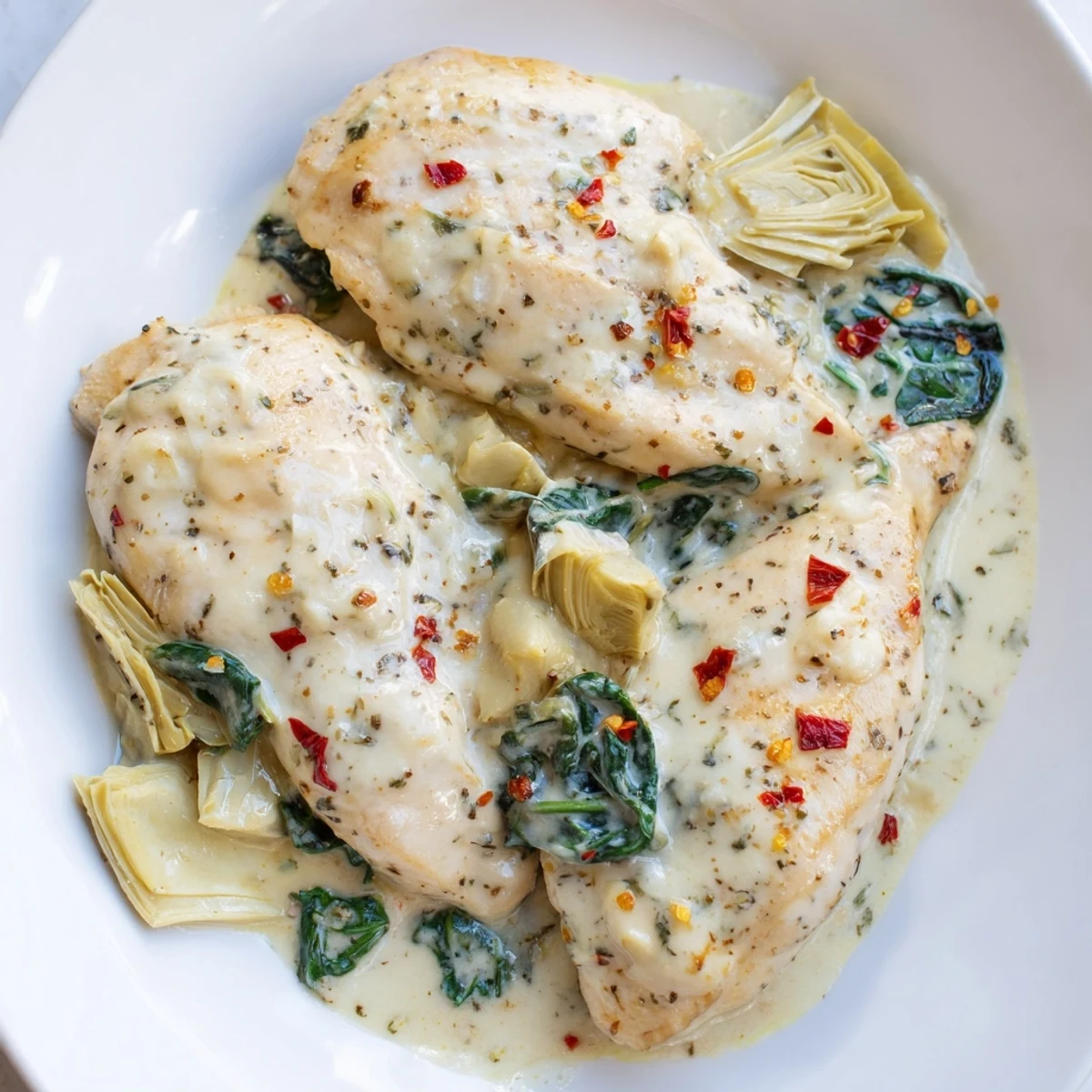 Golden-brown chicken breasts simmer in a creamy spinach and artichoke skillet sauce, ready to serve.