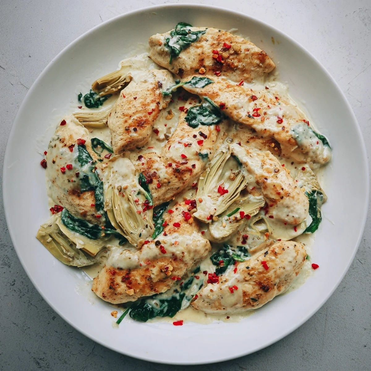 Tender chicken breasts with wilted spinach and artichokes in a rich, creamy parmesan sauce.