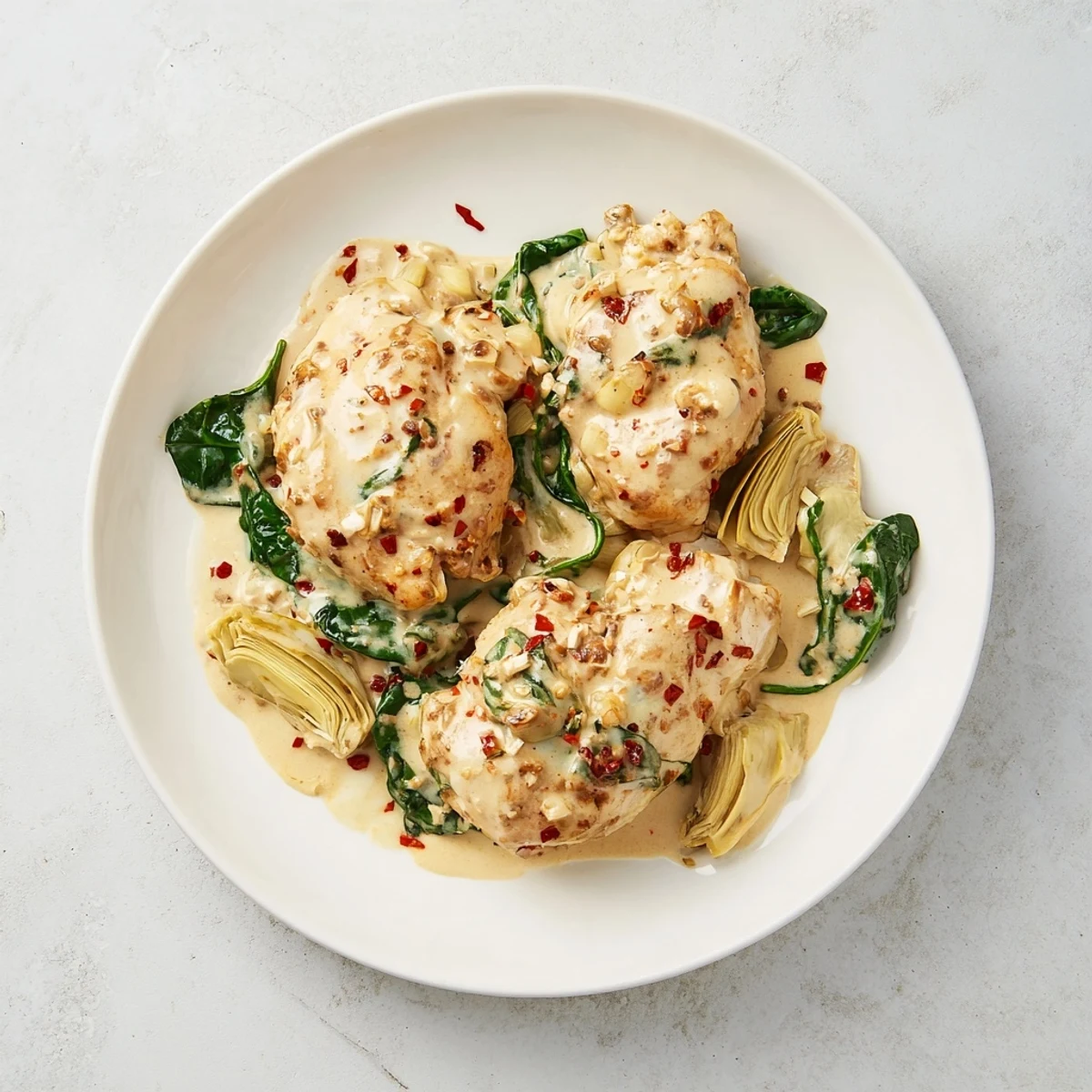 Garlicky Creamy Spinach and Artichoke Chicken Skillet garnished with fresh parsley, served hot.