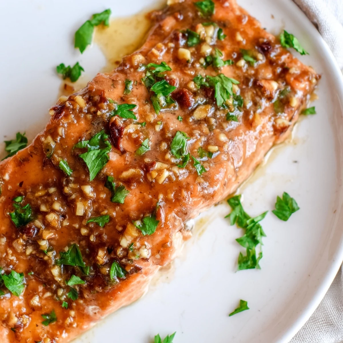 A close-up of oven-roasted salmon with a caramelized honey garlic sauce, ready for a quick and healthy weeknight dinner.