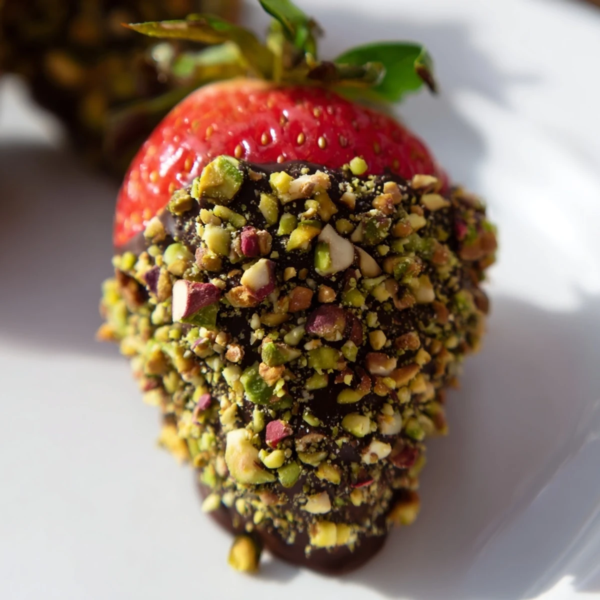 Close-up of Chocolate Dipped Strawberries with Nuts on a white plate, showing glossy dark chocolate coating and chopped pistachios on the fresh berry. 