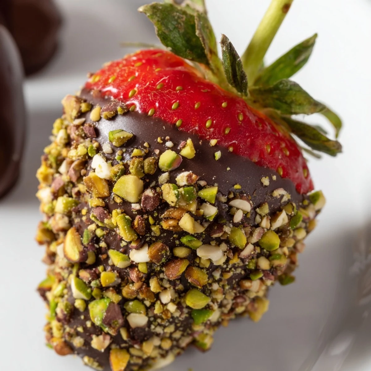 Overhead view of Chocolate Dipped Strawberries with Nuts, featuring almond-studded chocolate and bright red strawberries on a rustic wooden board.