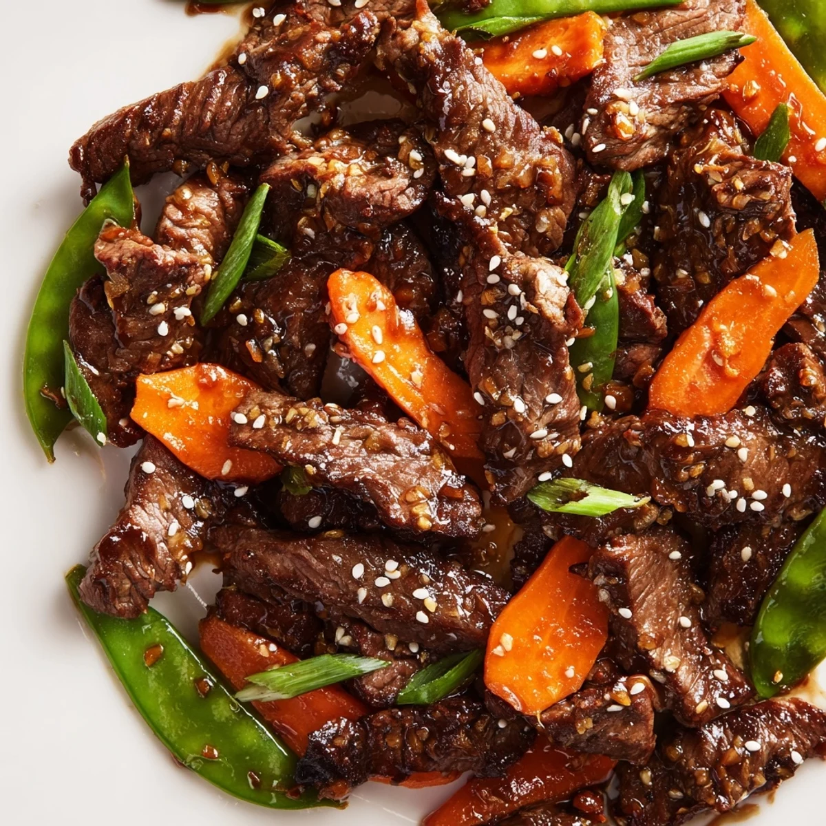 Freshly cooked Beef Stir Fry with Snow Peas and Carrots steams next to fluffy white rice on a dinner table.