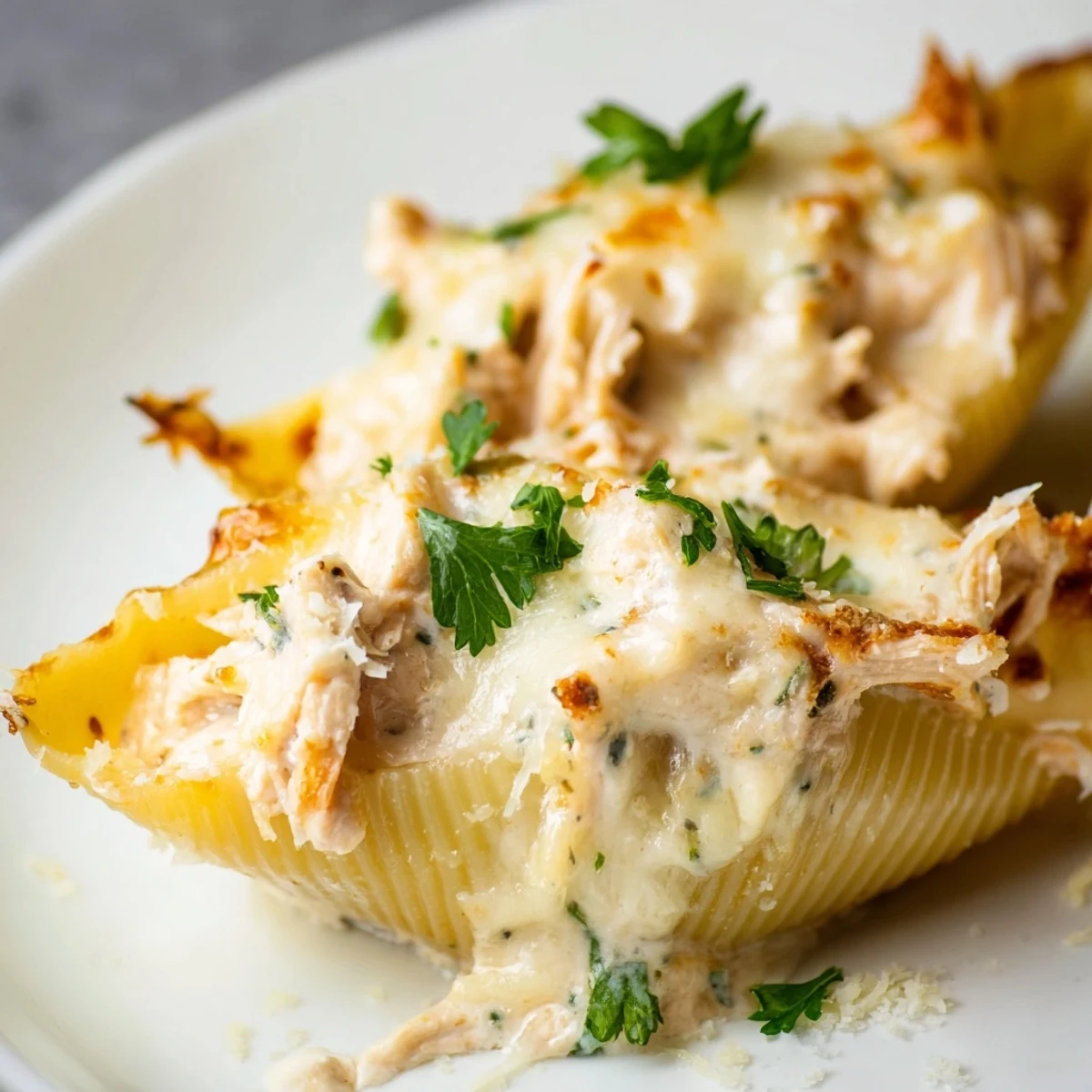 Golden, bubbling mozzarella tops Chicken Alfredo Stuffed Shells fresh from the oven, filled with creamy ricotta and tender chicken.