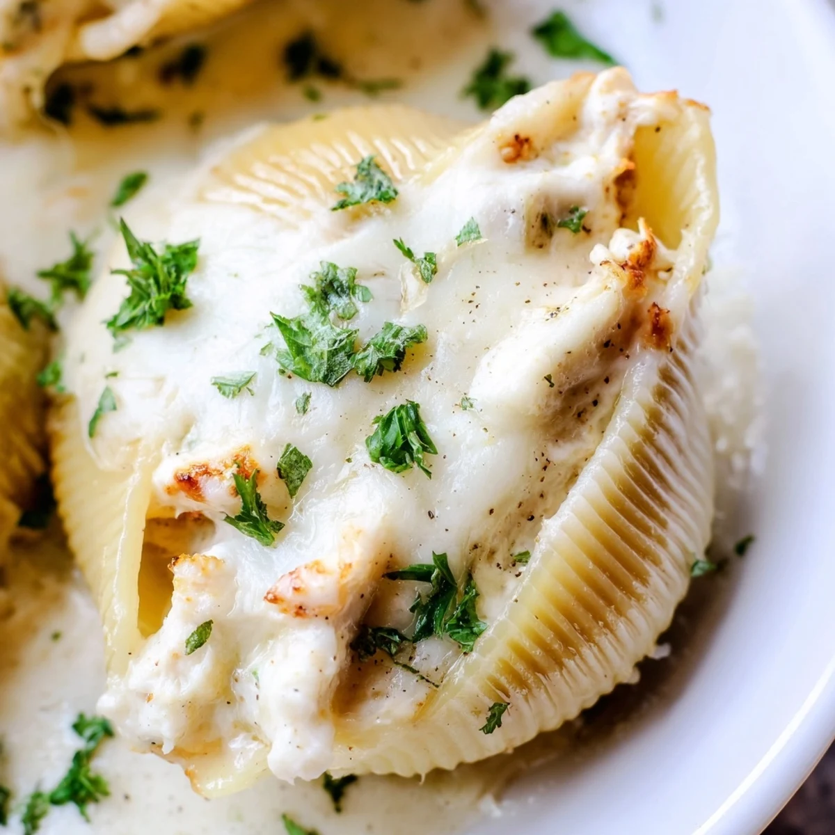 A close-up of Chicken Alfredo Stuffed Shells reveals rich Alfredo sauce coating jumbo pasta shells on a white plate.