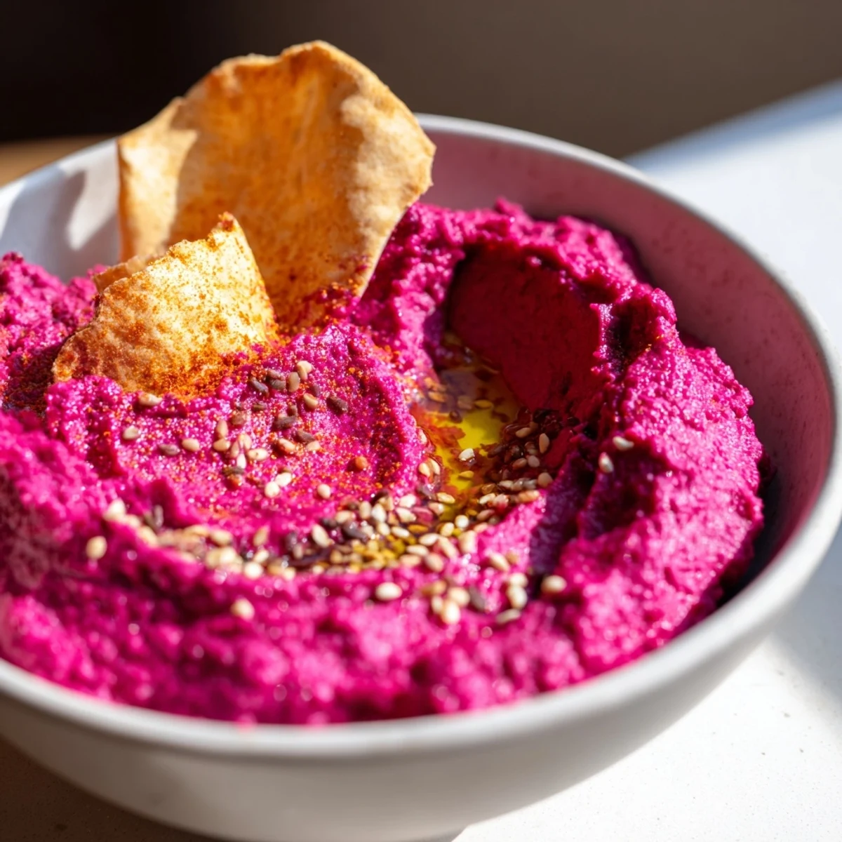 Deep magenta Roasted Beet Hummus topped with fresh herbs, served alongside crisp, homemade pita chips on slate.