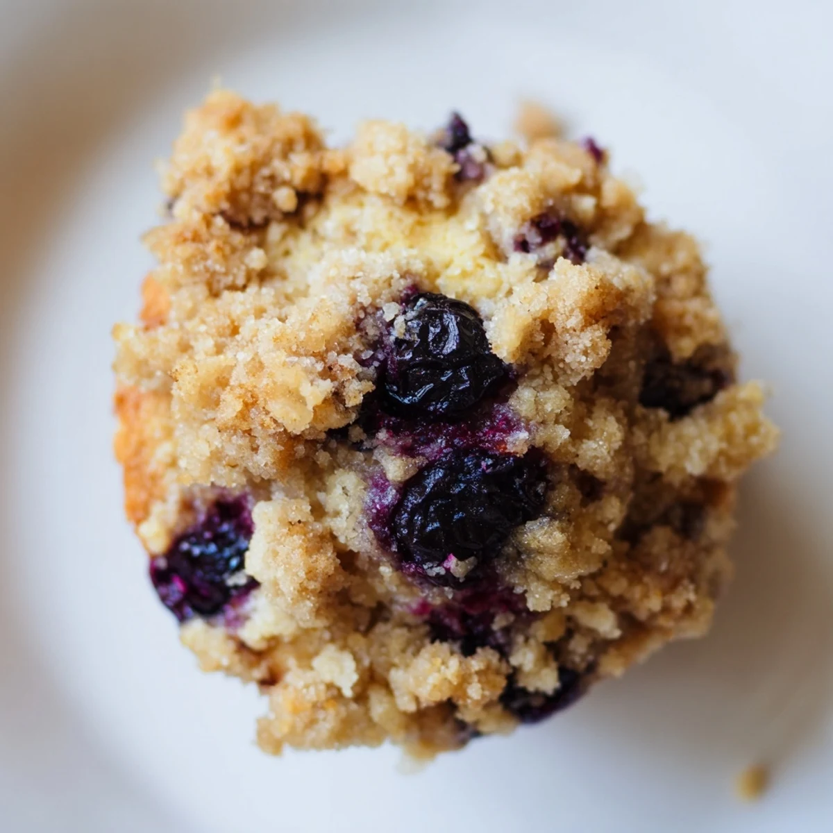 A close-up view of a moist Lemon Blueberry Muffin with Streusel split open to reveal juicy blueberries and fluffy crumb.