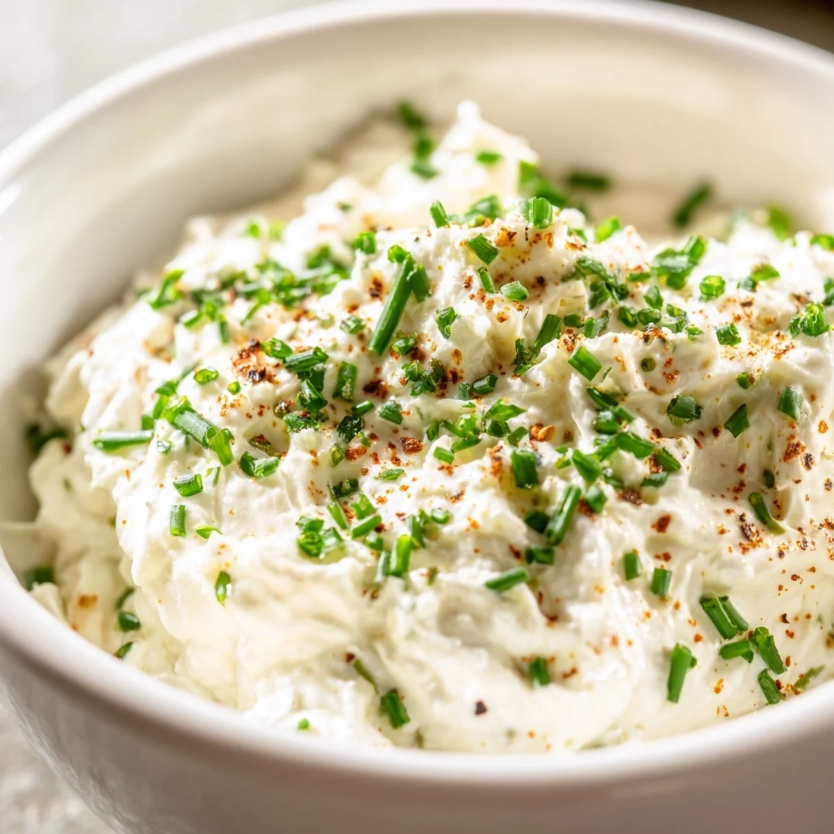 A smooth, pale creamy dip in a rustic bowl, surrounded by crunchy vegetable sticks for a healthy party snack.