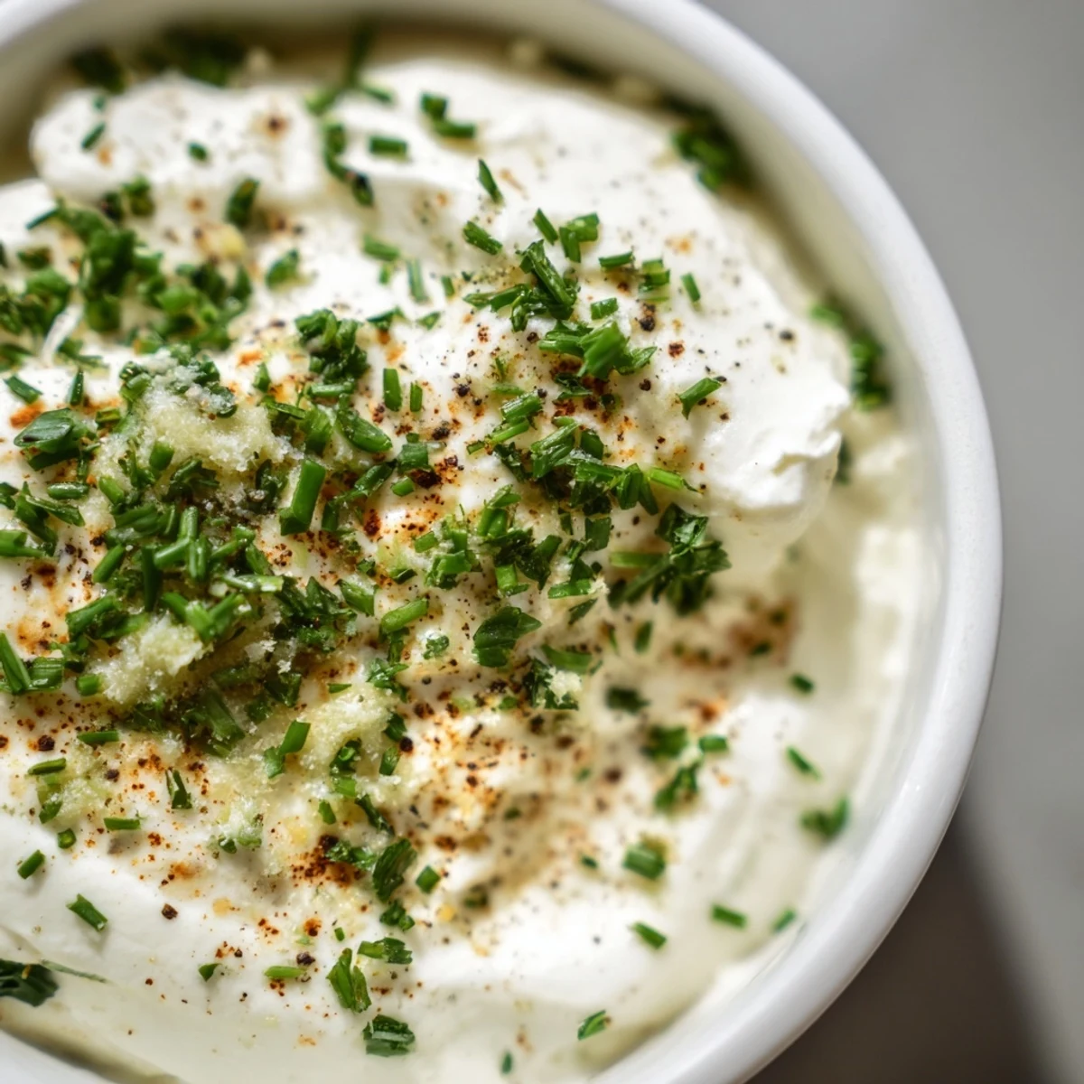 Homemade creamy dip bowl with fresh herbs, ready for dipping bell peppers and crackers at a gathering.