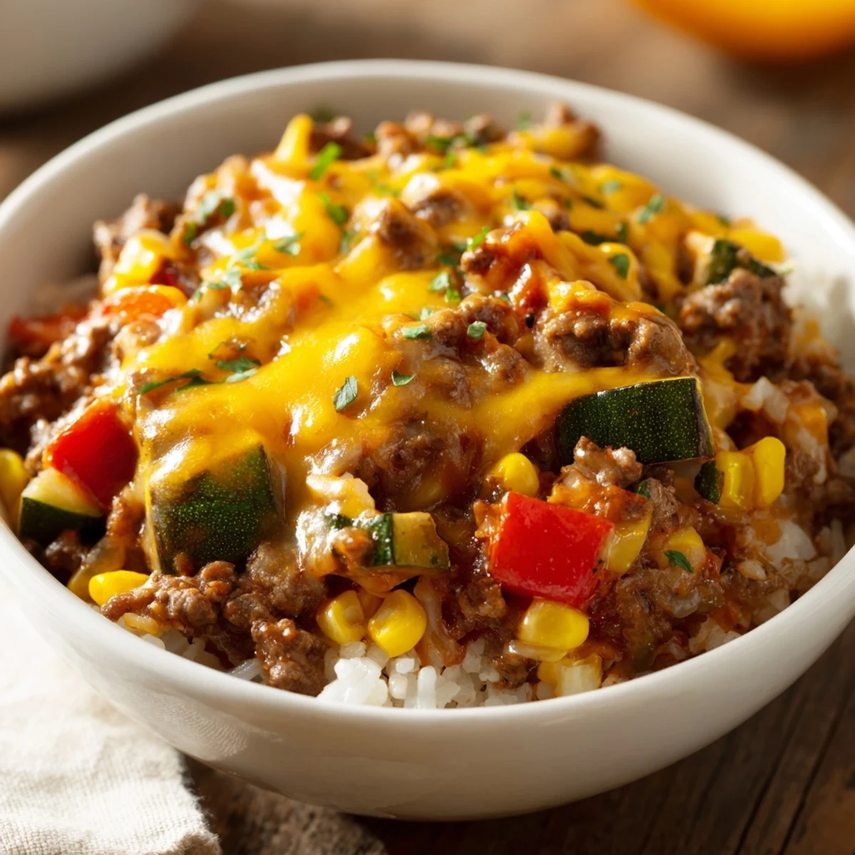A hearty weeknight Beef Meal Skillet features ground beef and vegetables simmered in tomato broth, served with melted cheese.