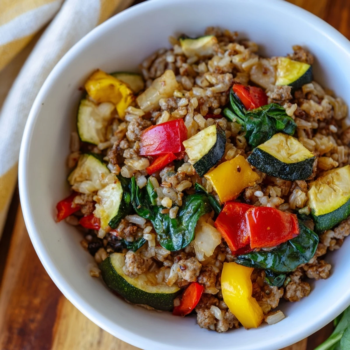 Golden ground turkey and wilted spinach pair with roasted veggies in this Turkey Meal Prep dish.