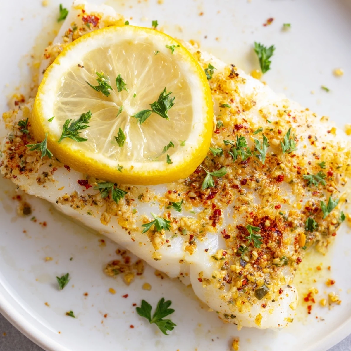 Golden-baked cod fillets flake easily with a fork, topped with fresh lemon slices and parsley on a baking sheet.