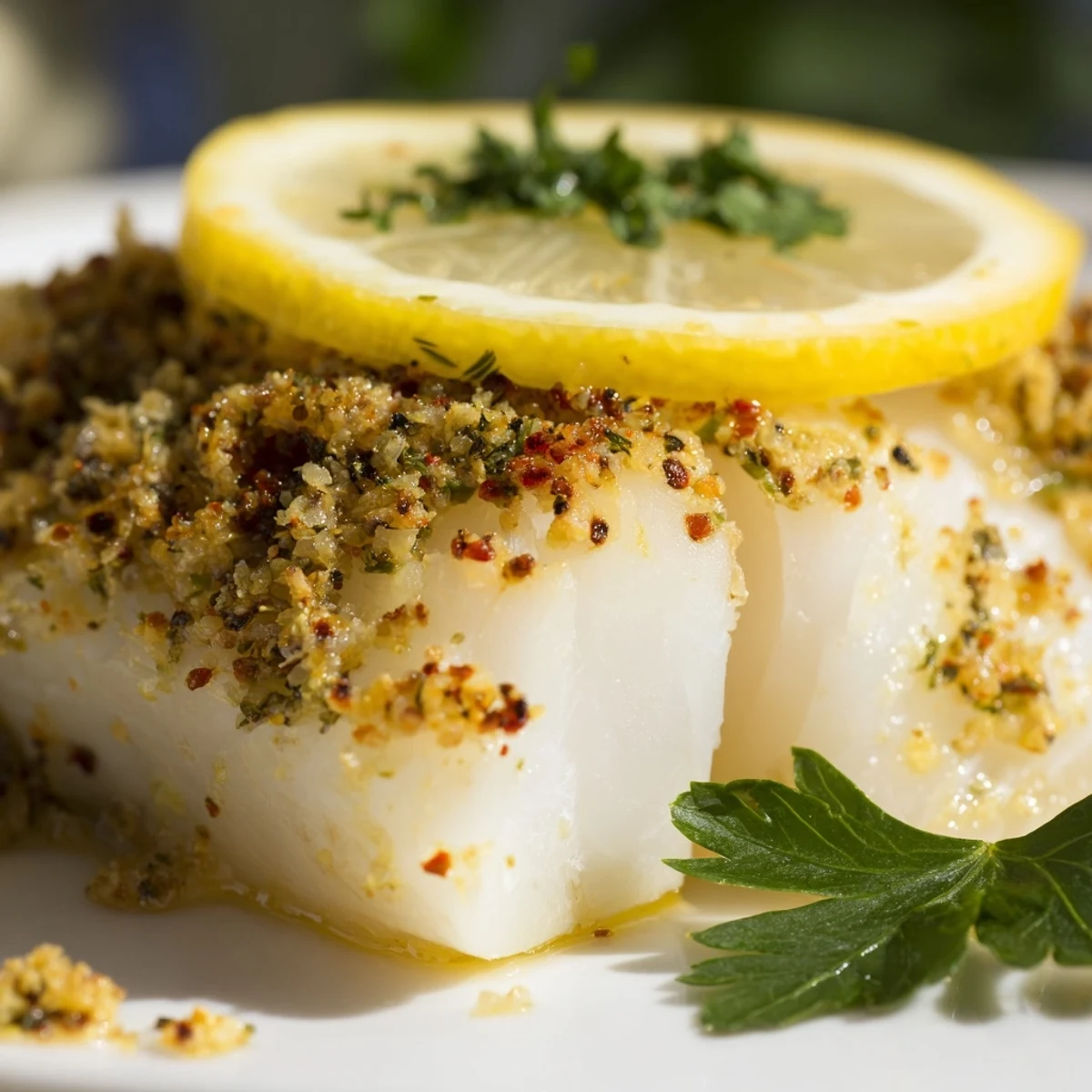 Flaky baked cod fillets glistening with lemon-garlic butter, garnished with fresh parsley on a white ceramic plate.