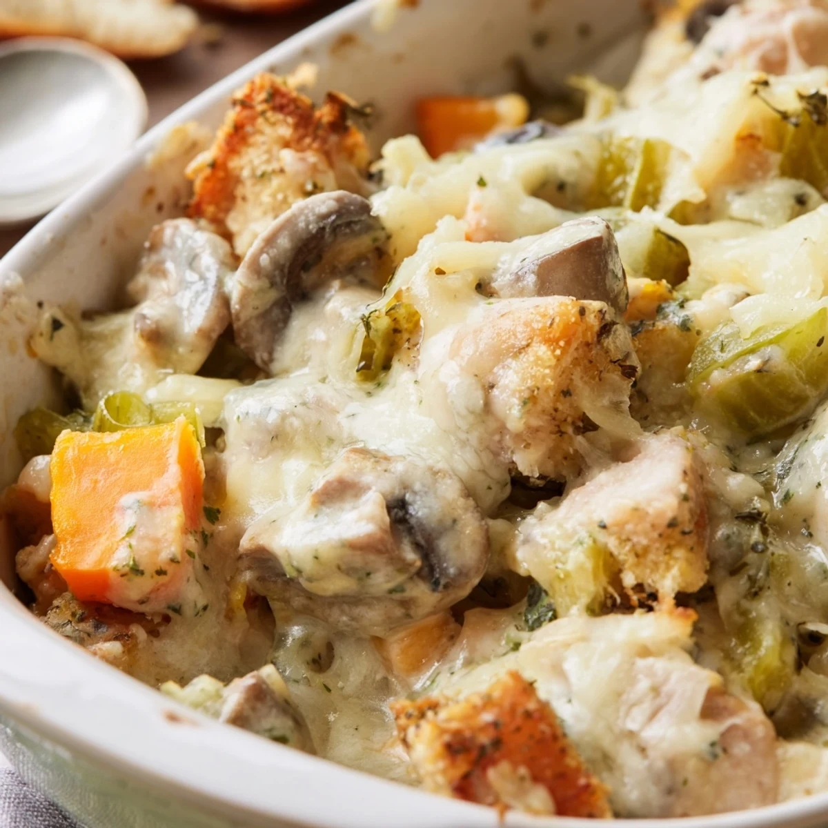 Steam rises from a serving of Winter Dish Casserole, showcasing tender chicken thighs and roasted root vegetables in herb sauce.