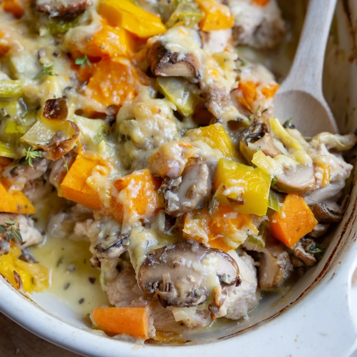 Rustic Winter Dish Casserole in a ceramic baking dish, garnished with fresh parsley, paired with a crisp green salad.