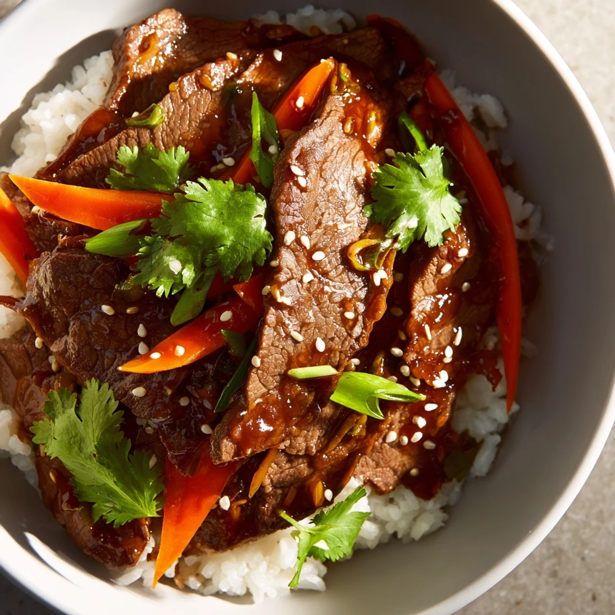 Freshly steamed jasmine rice is topped with sautéed spicy beef, crisp red bell peppers, and snap peas in this savory Spicy Beef Bowl.